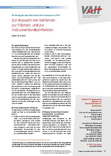 Vorschauseite 1: Mitteilung der Desinfektionsmittel-Kommission im VAH Zur Auswahl von Verfahren zur Flächenund zur Instrumentendesinfektion