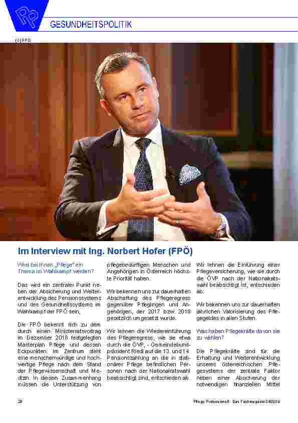 Vorschauseite 1: Im Interview mit Ing. Norbert Hofer (FPÖ) Wird bei Ihnen „Pflege“ ein Thema im Wahlkampf werden?