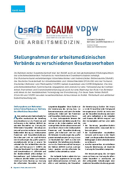 Vorschauseite 1: Stellungnahmen der arbeitsmedizinischen Verbände zu verschiedenen Gesetzesvorhaben