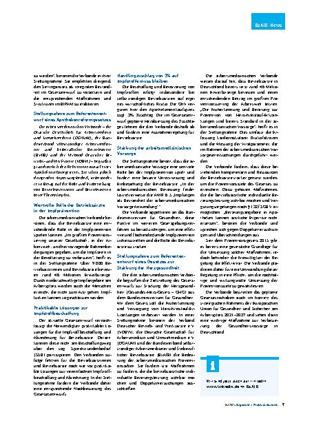 Vorschauseite 2: Stellungnahmen der arbeitsmedizinischen Verbände zu verschiedenen Gesetzesvorhaben