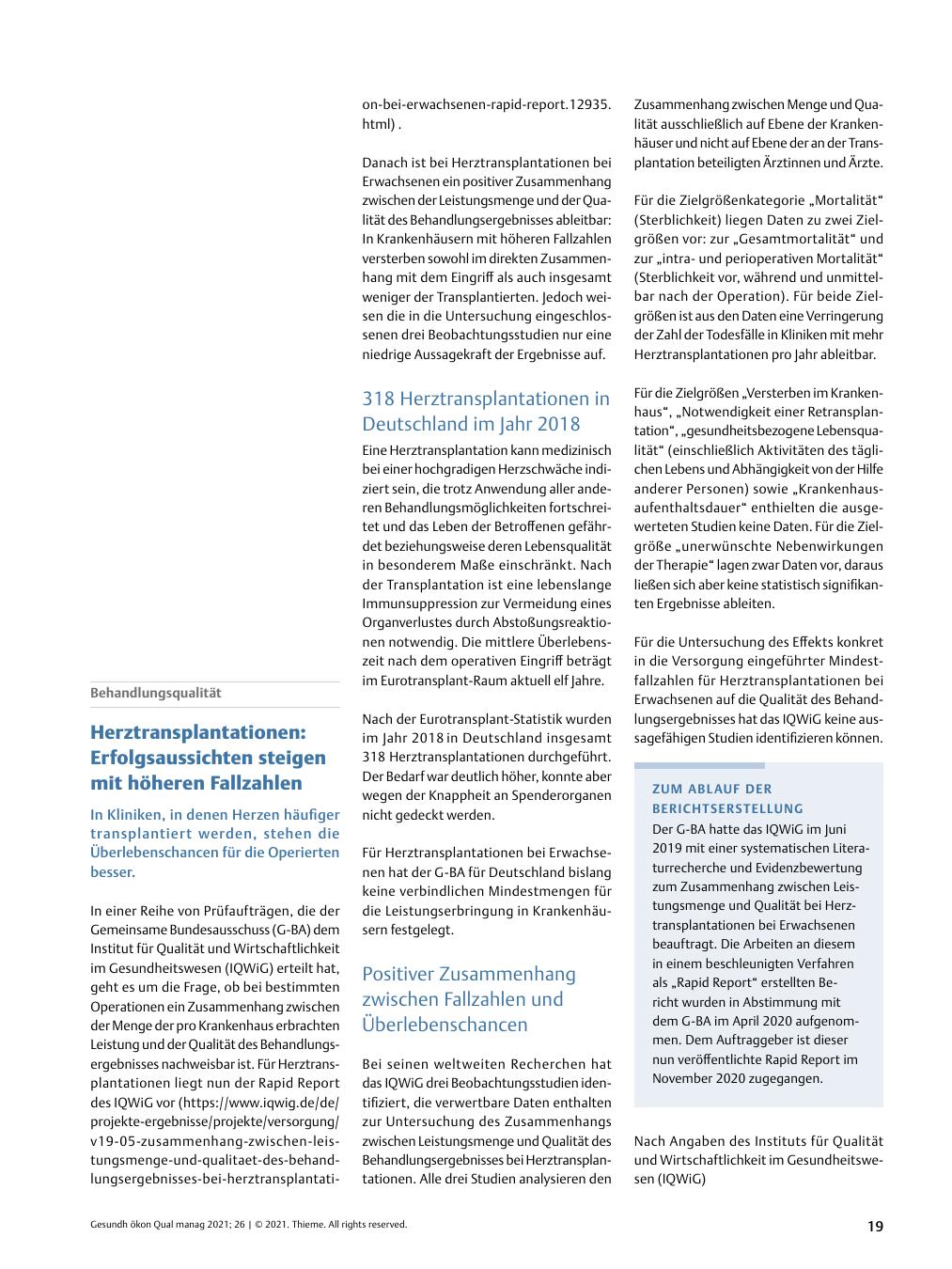 Vorschauseite 1: Behandlungsqualität - Herztransplantationen: Erfolgsaussichten steigen mit höheren Fallzahlen