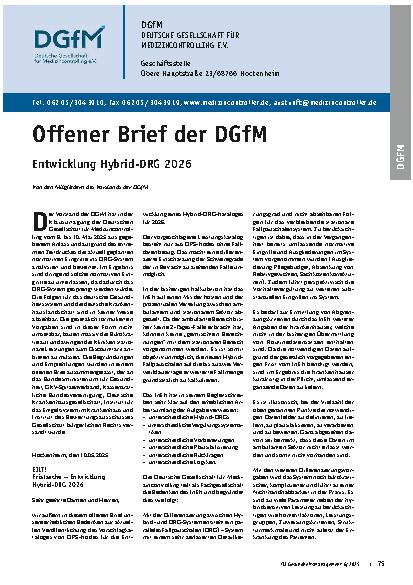 Vorschauseite 1: Offener Brief der DGfM Entwicklung Hybrid-DRG 2026