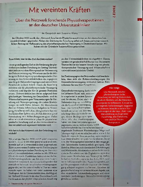 Vorschauseite 2: Mit vereinten Kräften: Über das Netzwerk forschende Physiotherapeutinnen an den deutschen Universitätskliniken