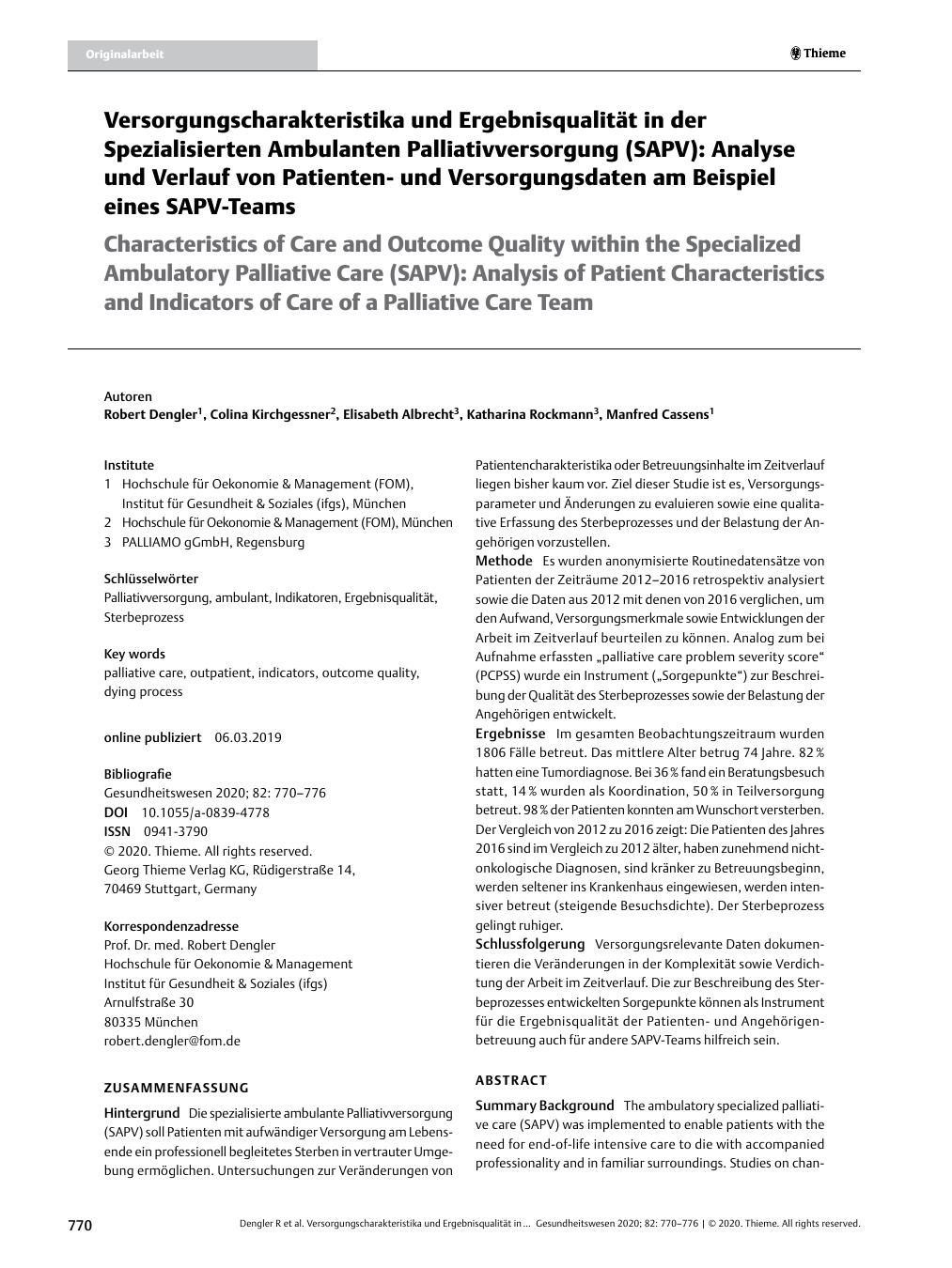 Vorschauseite 1: Versorgungscharakteristika und Ergebnisqualität in der Spezialisierten Ambulanten Palliativversorgung (SAPV): Analyse und Verlauf von Patientenund Versorgungsdaten am Beispiel ein…