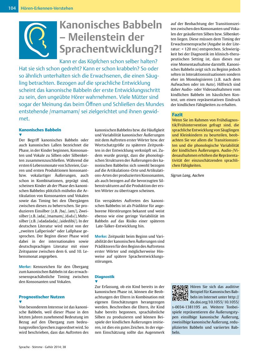 Vorschauseite 1: Kanonisches Babbeln ? Meilenstein der Sprachentwicklung?!