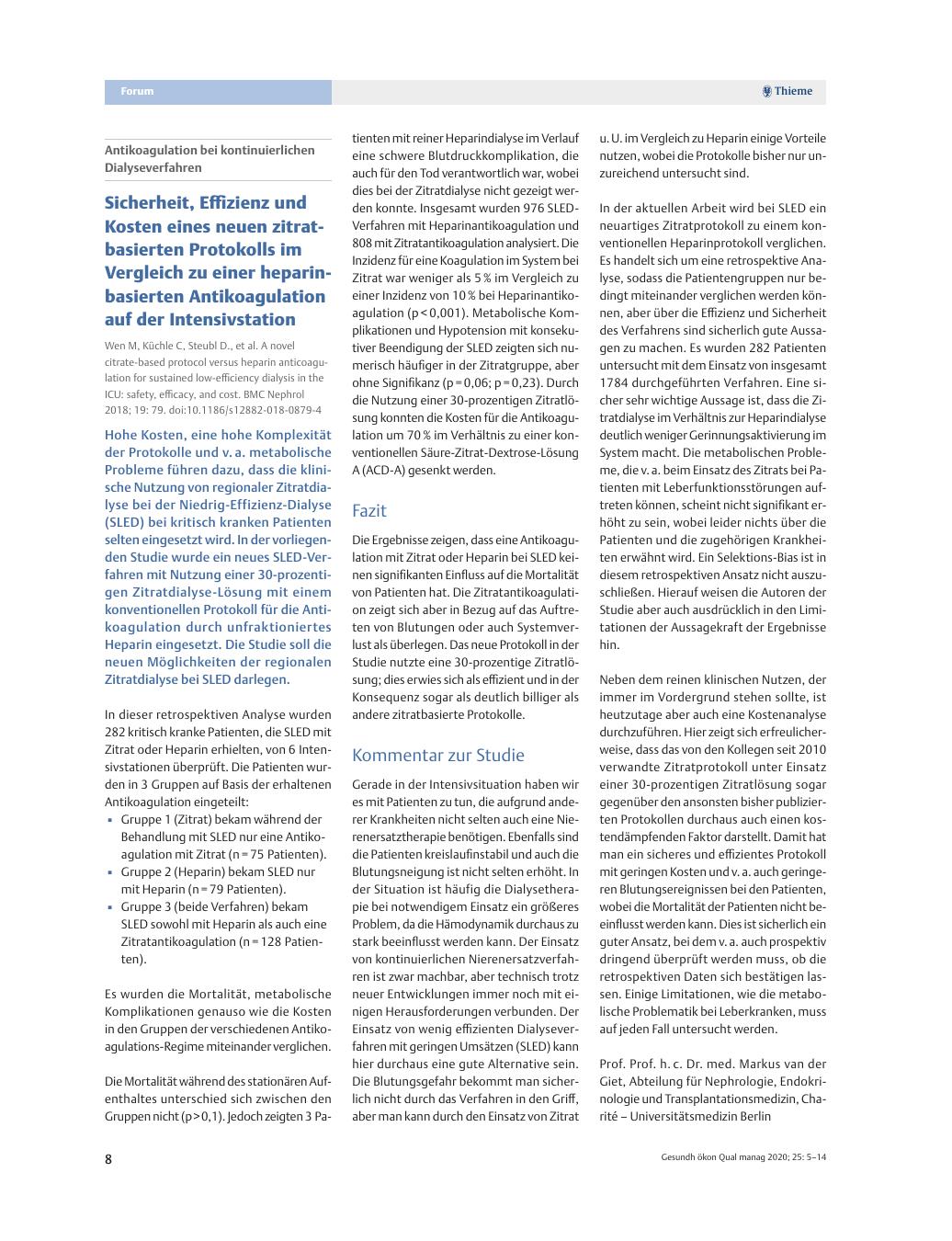 Vorschauseite 1: Antikoagulation bei kontinuierlichen Dialyseverfahren - Sicherheit, Effizienz und Kosten eines neuen zitratbasierten Protokolls im Vergleich zu einer heparinbasierten Antikoagulat…
