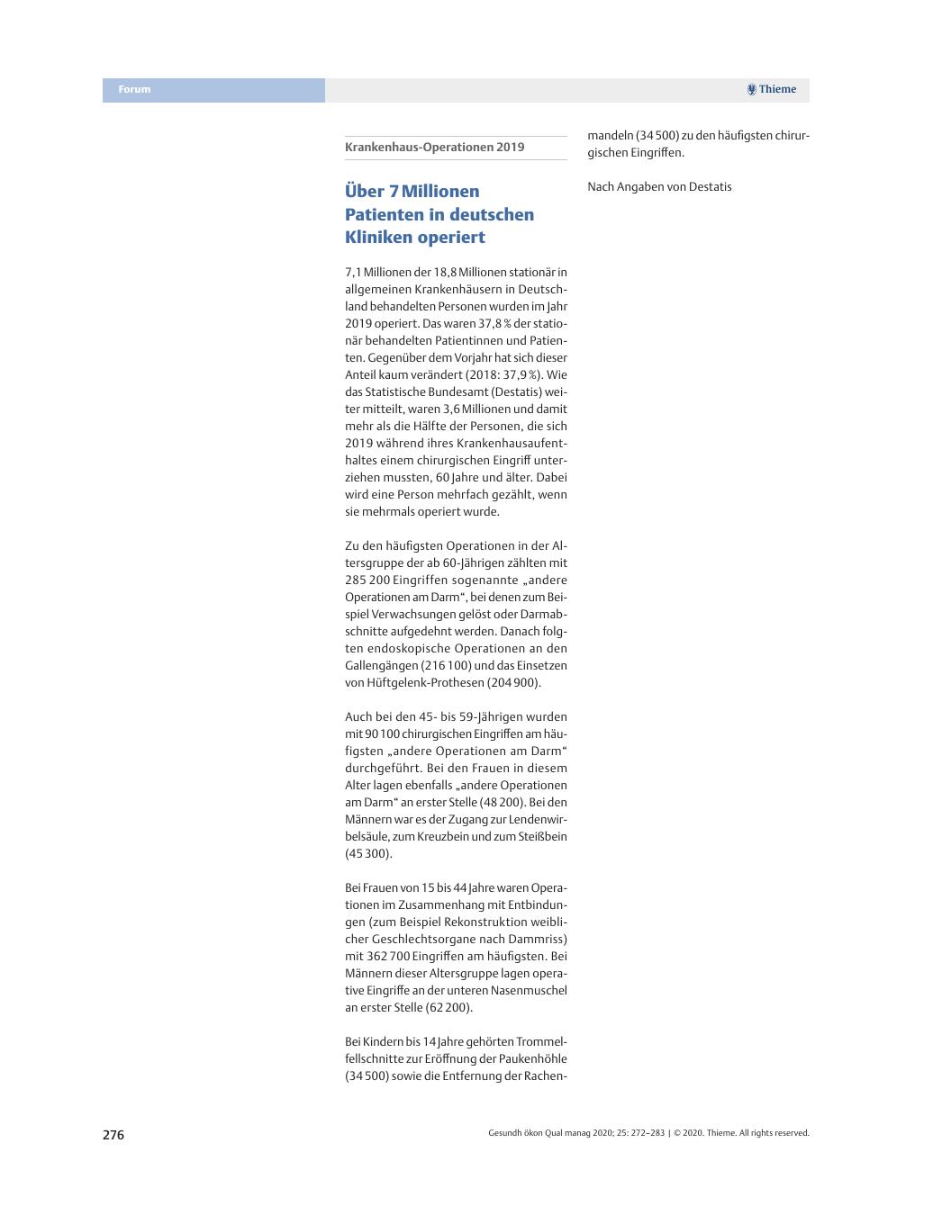 Vorschauseite 1: Über 7 Millionen Patienten in deutschen Kliniken operiert.
