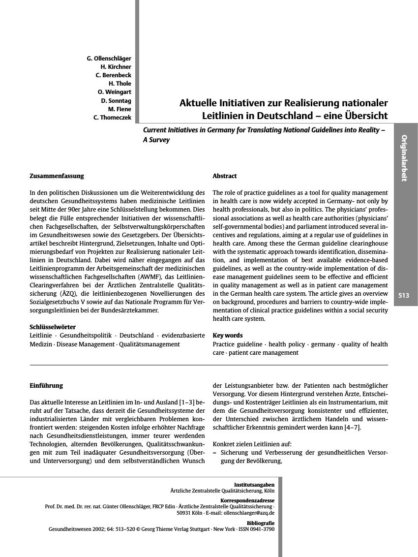 Vorschauseite 1: Aktuelle Initiativen zur Realisierung nationaler Leitlinien in Deutschland - eine Übersicht