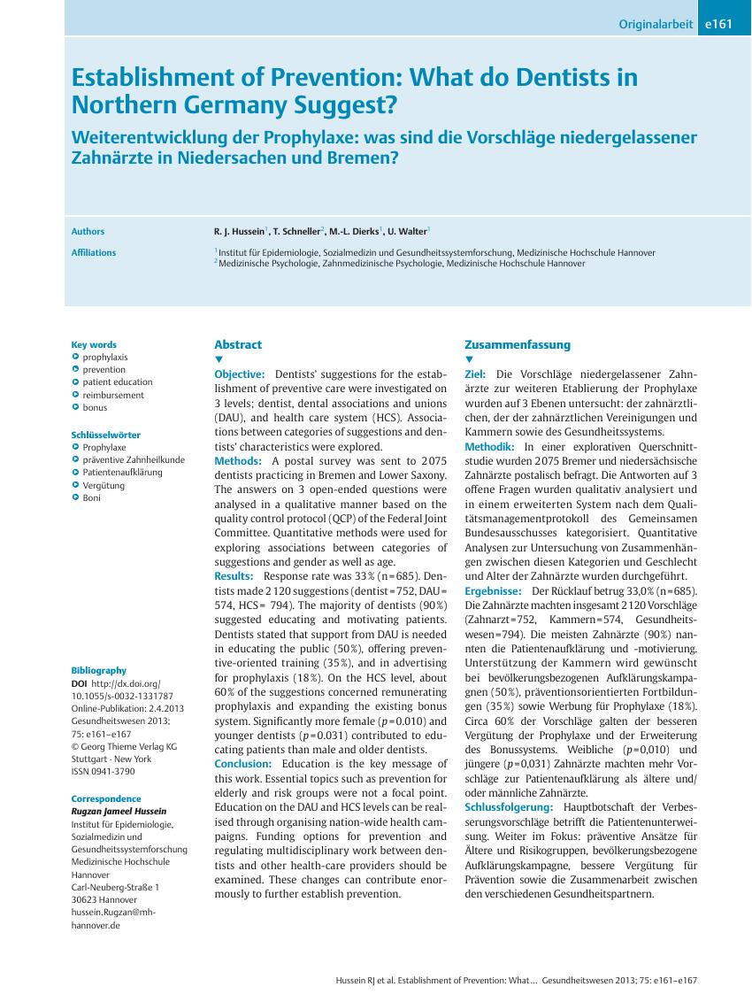 Vorschauseite 1: Establishment of Prevention: What do Dentists in Northern Germany Suggest?