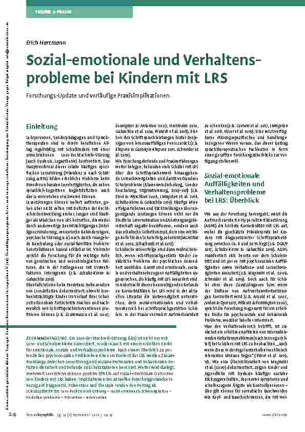 Vorschauseite 1: Sozial-emotionale und Verhaltensprobleme bei Kindern mit LRS: Forschungs-Update und vorläufige Praxisimplikationen