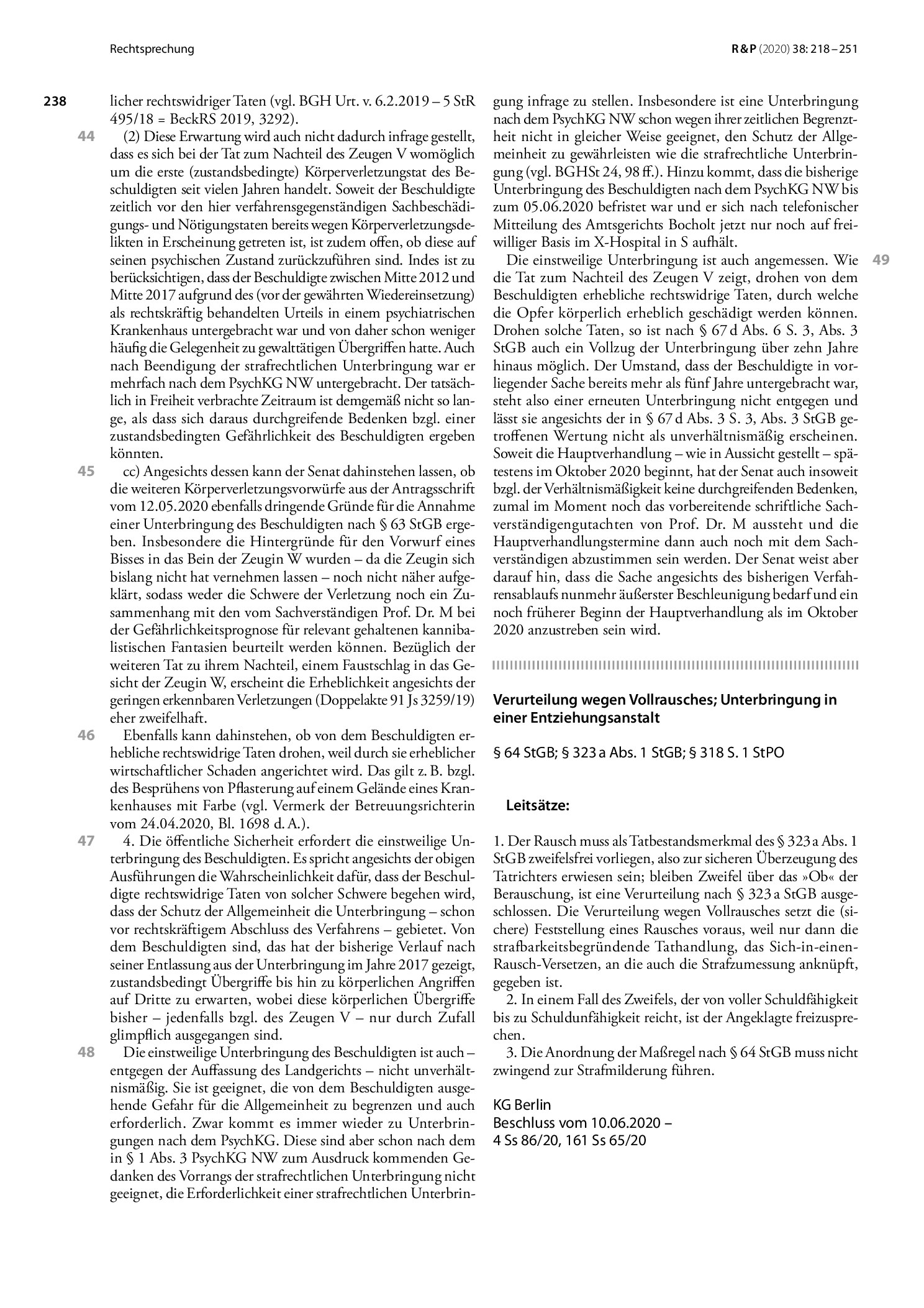 Vorschauseite 1: Verurteilung wegen Vollrausches; Unterbringung in einer Entziehungsanstalt