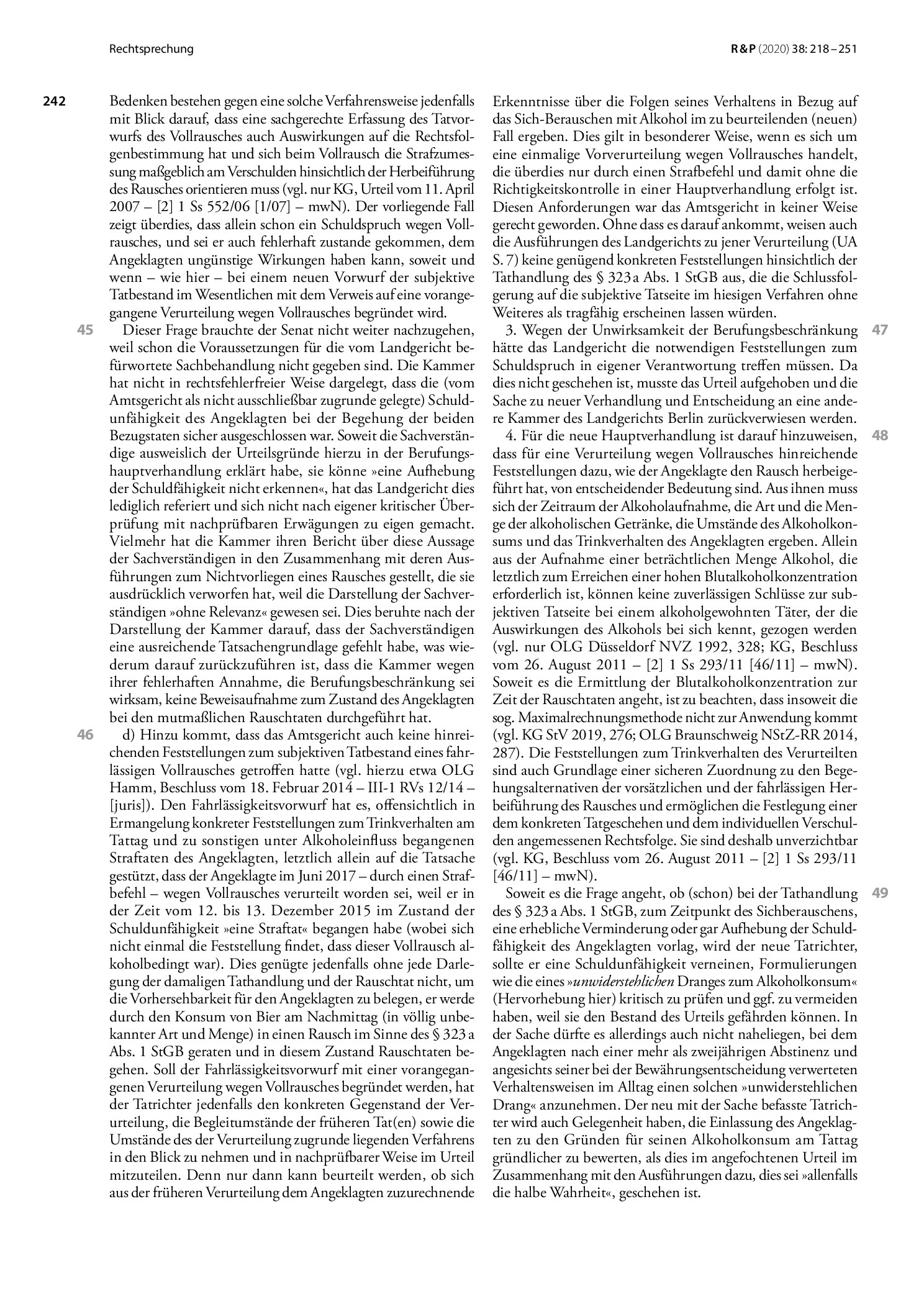 Vorschauseite 5: Verurteilung wegen Vollrausches; Unterbringung in einer Entziehungsanstalt
