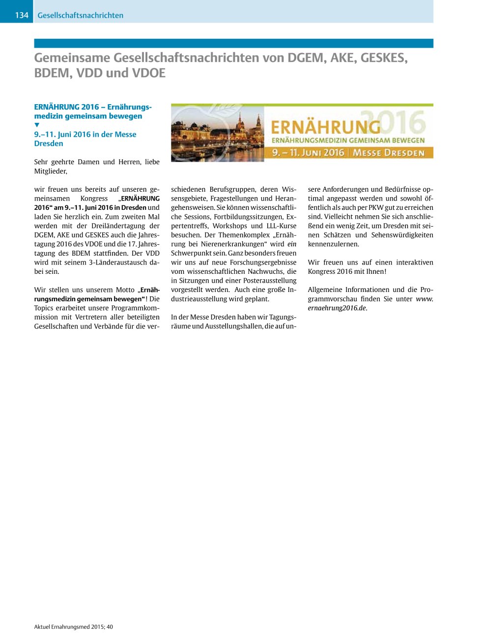 Vorschauseite 1: Gemeinsame Gesellschaftsnachrichten von DGEM, AKE, GESKES, BDEM, VDD und VDOE