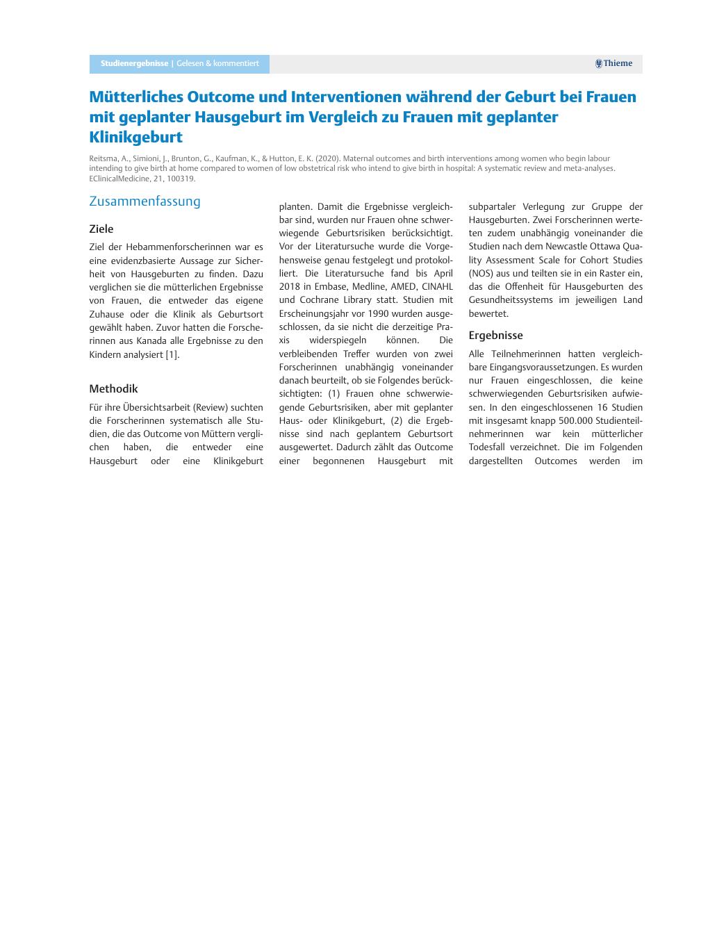 Vorschauseite 1: Mütterliches Outcome und Interventionen während der Geburt bei Frauen mit geplanter Hausgeburt im Vergleich zu Frauen mit geplanter Klinikgeburt