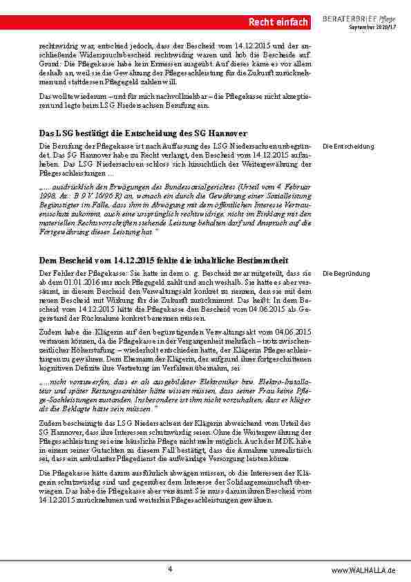 Vorschauseite 4: LSG Niedersachsen: Muss die Pflegekasse für eine selbst beschaffte professionelle Pflegekraft dauerhaft Pflegesachleistungen bezahlen?