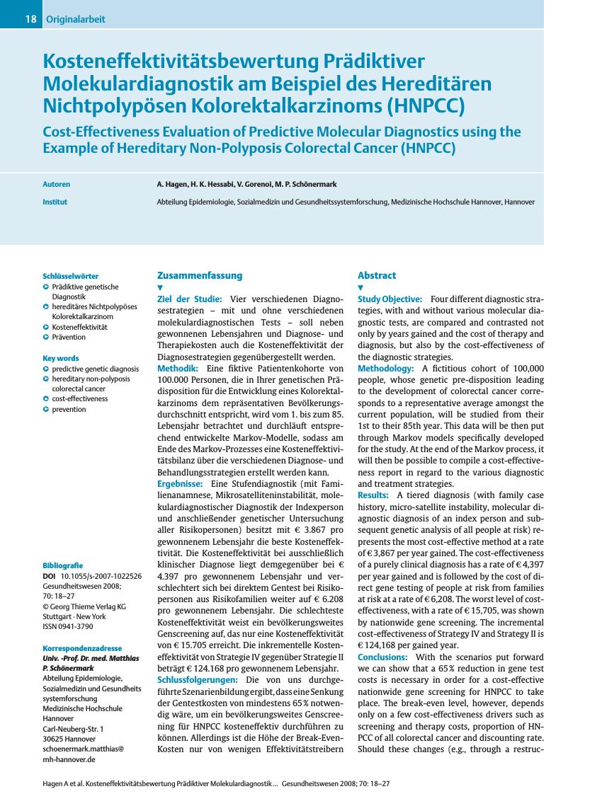 Vorschauseite 1: Kosteneffektivitätsbewertung Prädiktiver Molekulardiagnostik am Beispiel des Hereditären Nichtpolypösen Kolorektalkarzinoms (HNPCC)