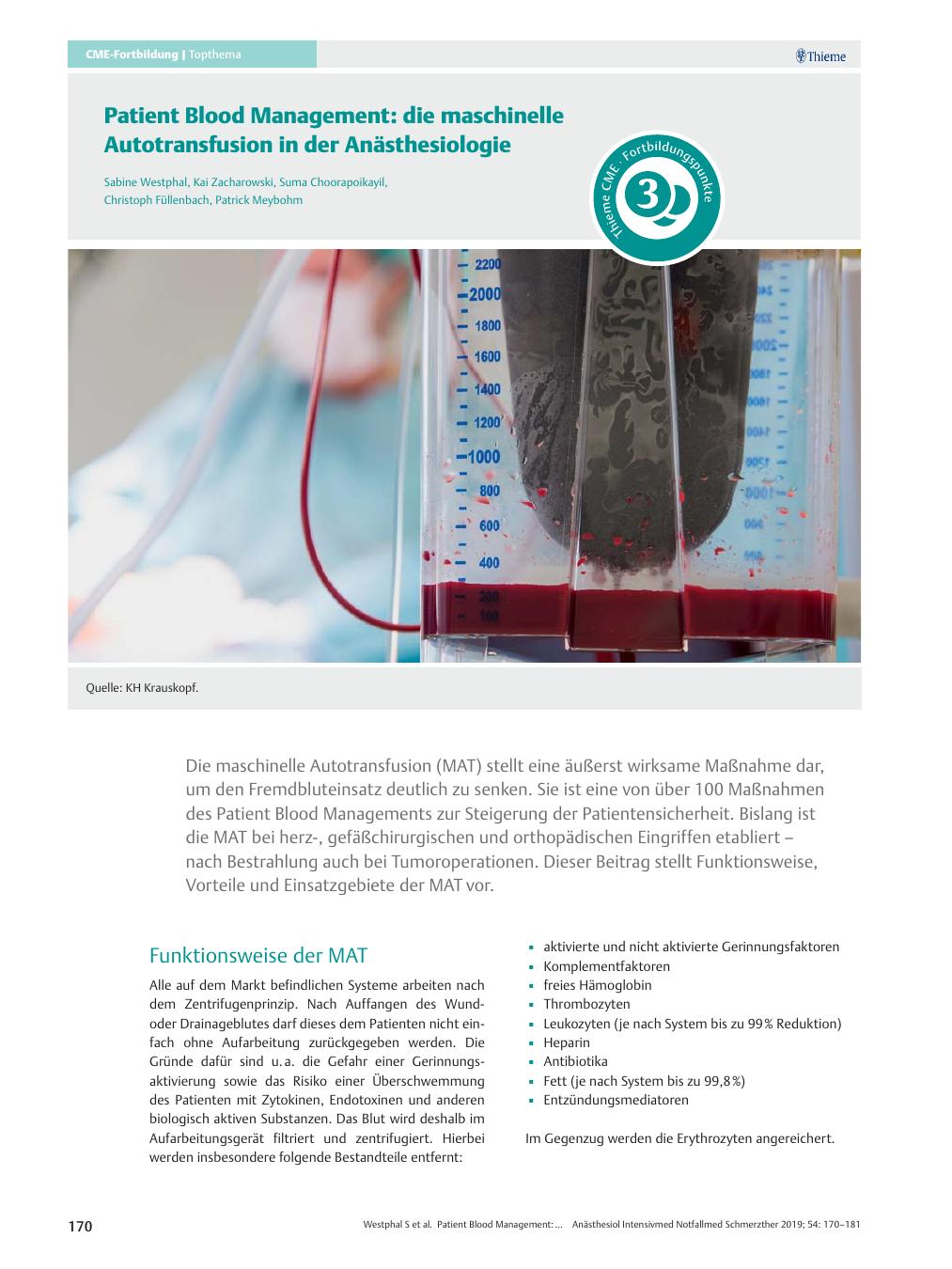 Vorschauseite 1: Patient Blood Management: die maschinelle Autotransfusion in der Anästhesiologie
