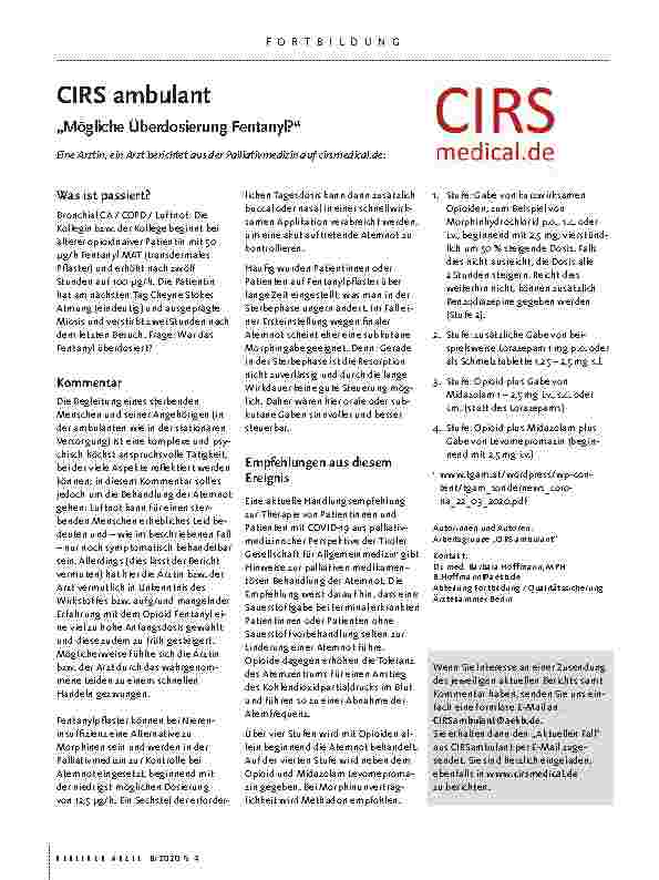 Vorschauseite 1: CIRS ambulant „Mögliche Überdosierung Fentanyl?“ Eine Ärztin, ein Arzt berichtet aus der Palliativmedizin auf cirsmedical.de: