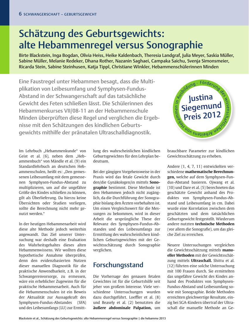 Vorschauseite 1: Schätzung des Geburtsgewichts: alte Hebammenregel versus Sonographie