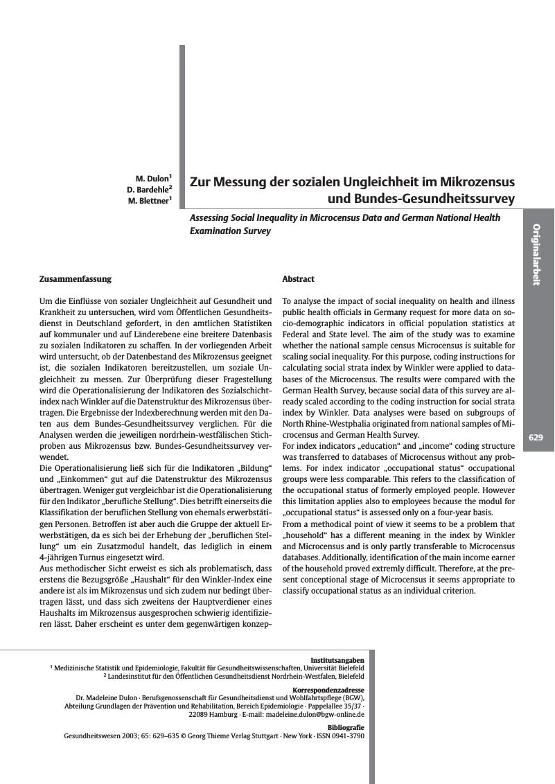 Vorschauseite 1: Zur Messung der sozialen Ungleichheit im Mikrozensus und Bundes-Gesundheitssurvey