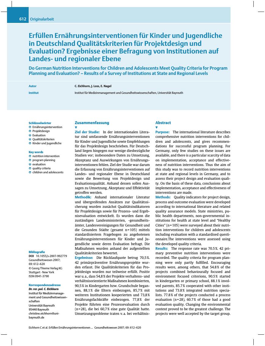 Vorschauseite 1: Erfüllen Ernährungsinterventionen für Kinder und Jugendliche in Deutschland Qualitätskriterien für Projektdesign und Evaluation? Ergebnisse einer Befragung von Institutionen auf L…