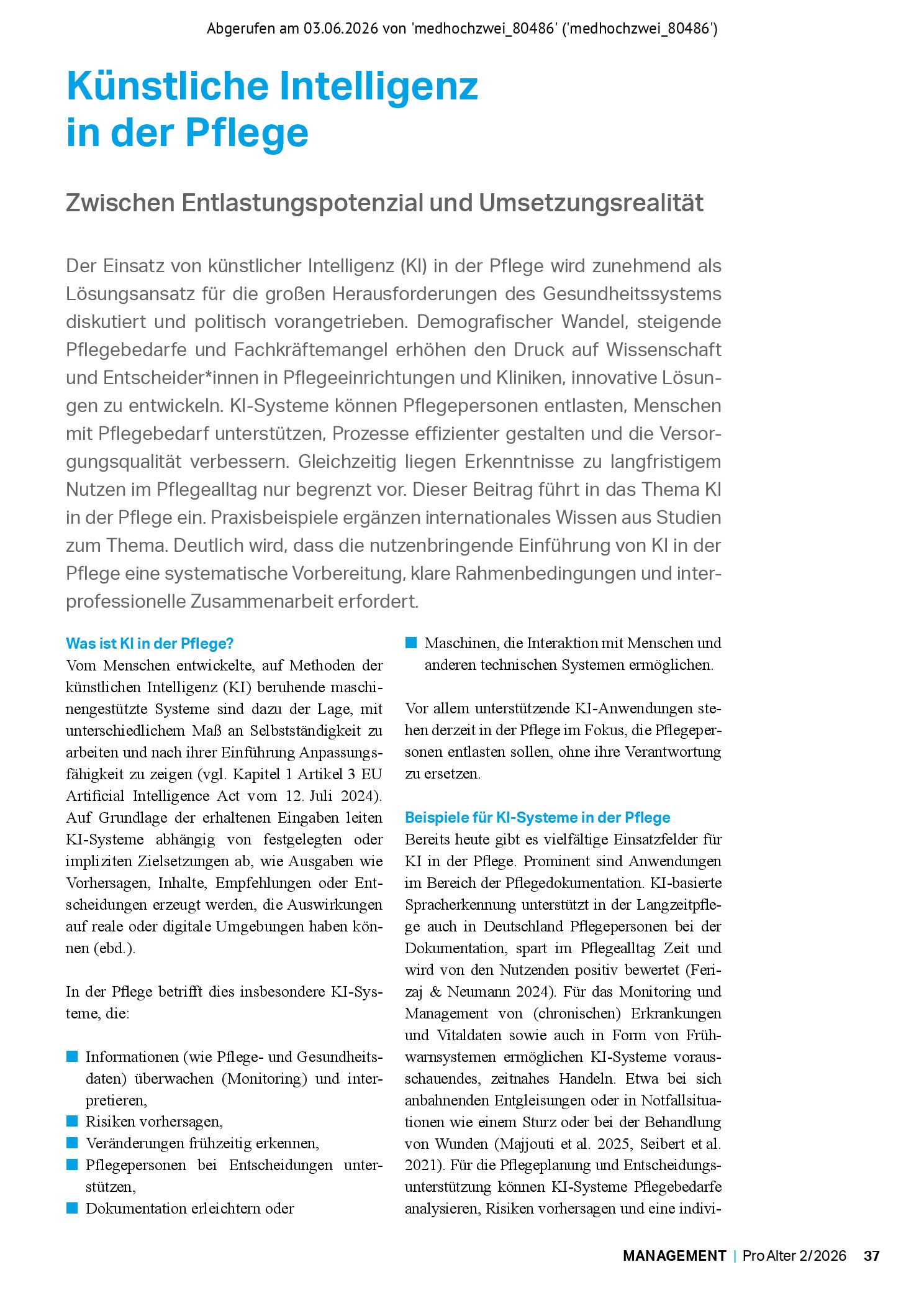 Vorschauseite 1: Künstliche Intelligenz in der Pflege. Zwischen Entlastungspotenzial und Umsetzungsrealität
