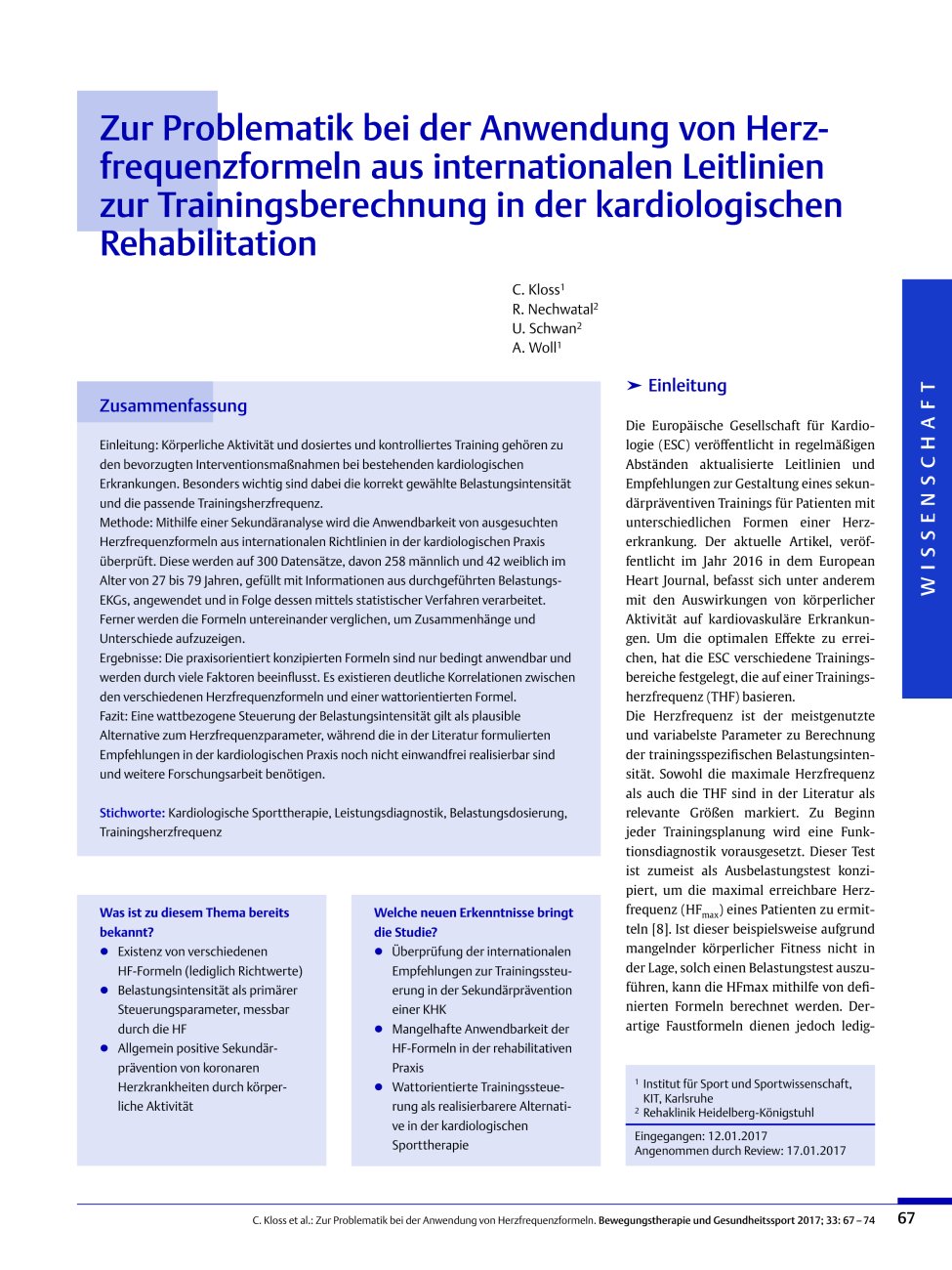 Vorschauseite 1: Zur Problematik bei der Anwendung von Herzfrequenzformeln aus internationalen Leitlinien zur Trainingsberechnung in der kardiologischen Rehabilitation