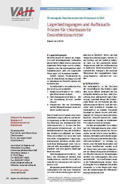 Vorschauseite 1: Mitteilung der Desinfektionsmittel-Kommission im VAH Lagerbedingungen und Aufbrauchfristen für chlorbasierte Desinfektionsmittel
