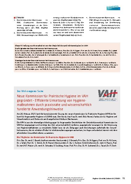 Vorschauseite 2: Mitteilung der Desinfektionsmittel-Kommission im VAH Lagerbedingungen und Aufbrauchfristen für chlorbasierte Desinfektionsmittel