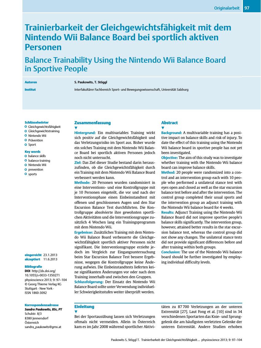 Vorschauseite 1: Trainierbarkeit der Gleichgewichtsfähigkeit mit dem Nintendo Wii Balance Board bei sportlich aktiven Personen