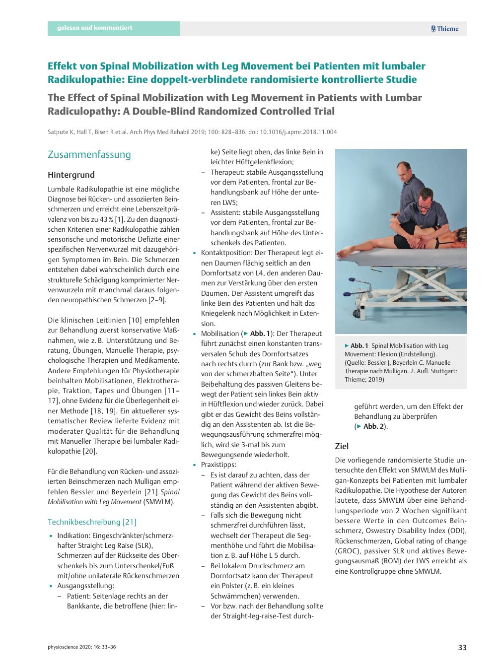 Vorschauseite 1: Effekt von Spinal Mobilization with Leg Movement bei Patienten mit lumbaler Radikulopathie: Eine doppelt-verblindete randomisierte kontrollierte Studie