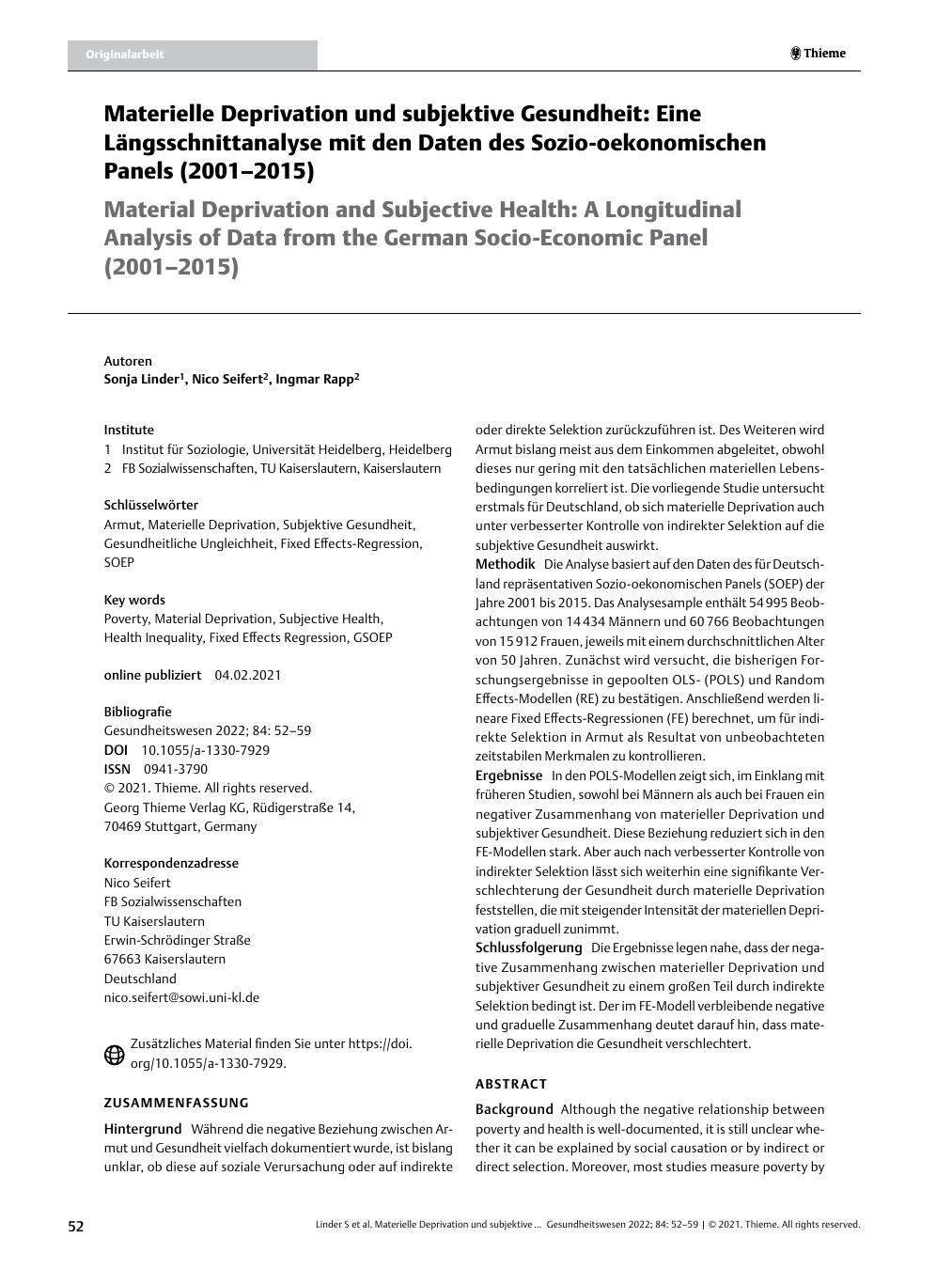 Vorschauseite 1: Materielle Deprivation und subjektive Gesundheit: Eine Längsschnittanalyse mit den Daten des Sozioökonomischen Panels (2001–2015)
