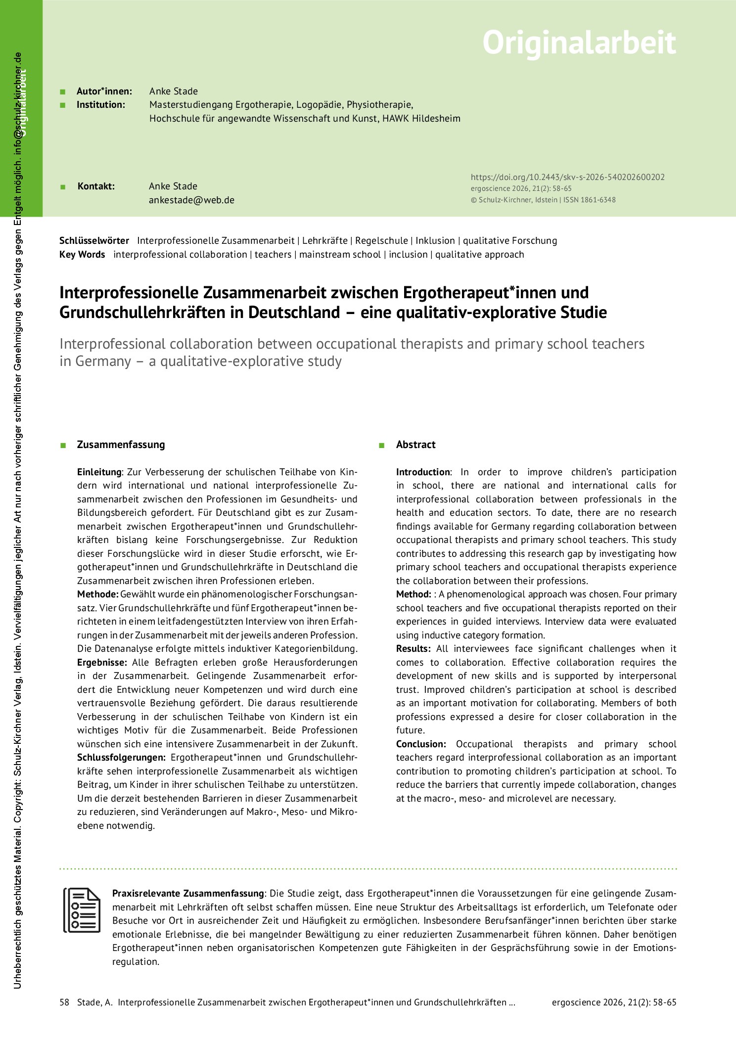 Vorschauseite 1: Interprofessionelle Zusammenarbeit zwischen Ergotherapeut*innen und Grundschullehrkräften in Deutschland – eine qualitativ-explorative Studie