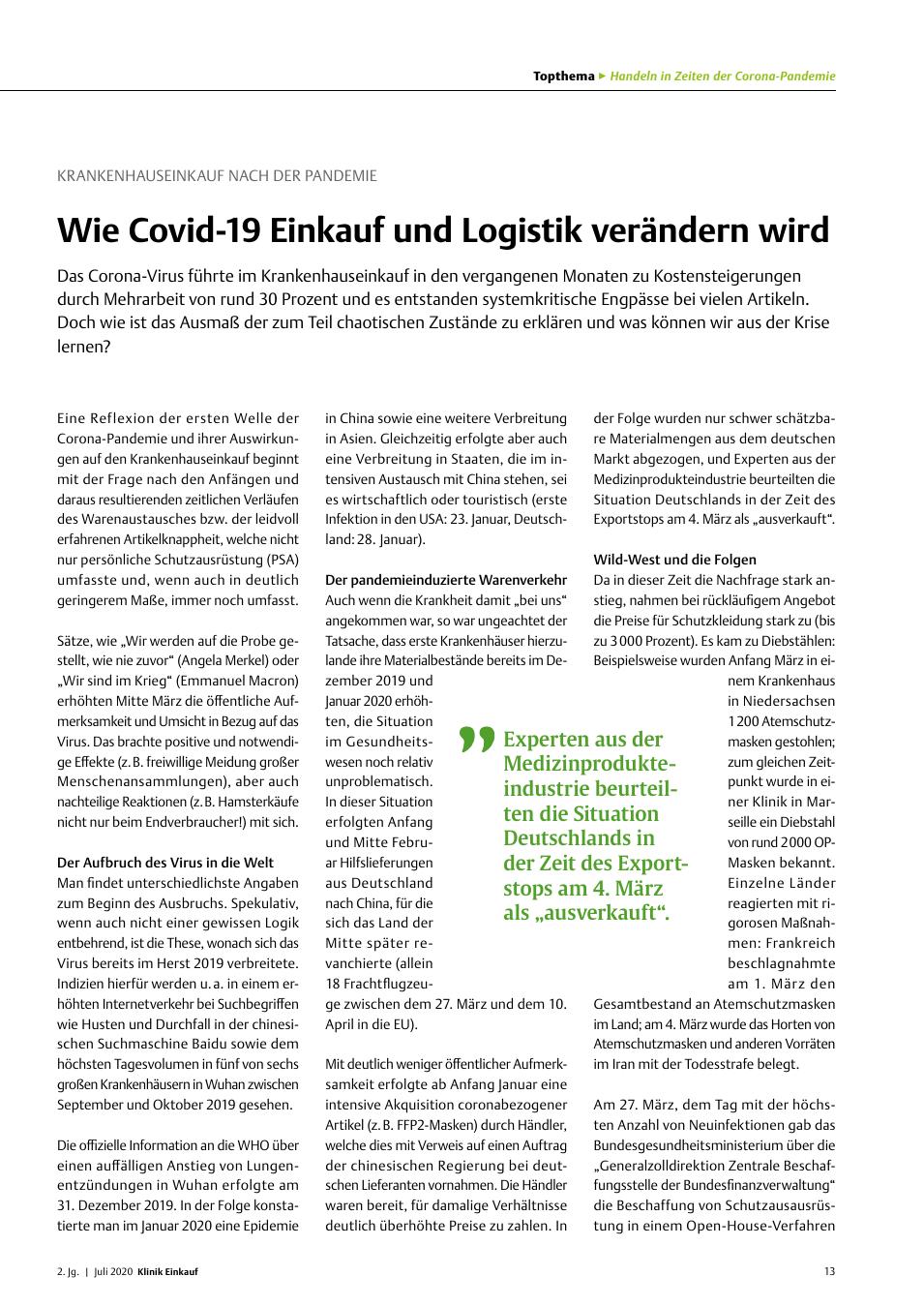 Vorschauseite 1: Krankenhauseinkauf Nach der Pandemie: Wie Covid-19 Einkauf und Logistik verändern wird