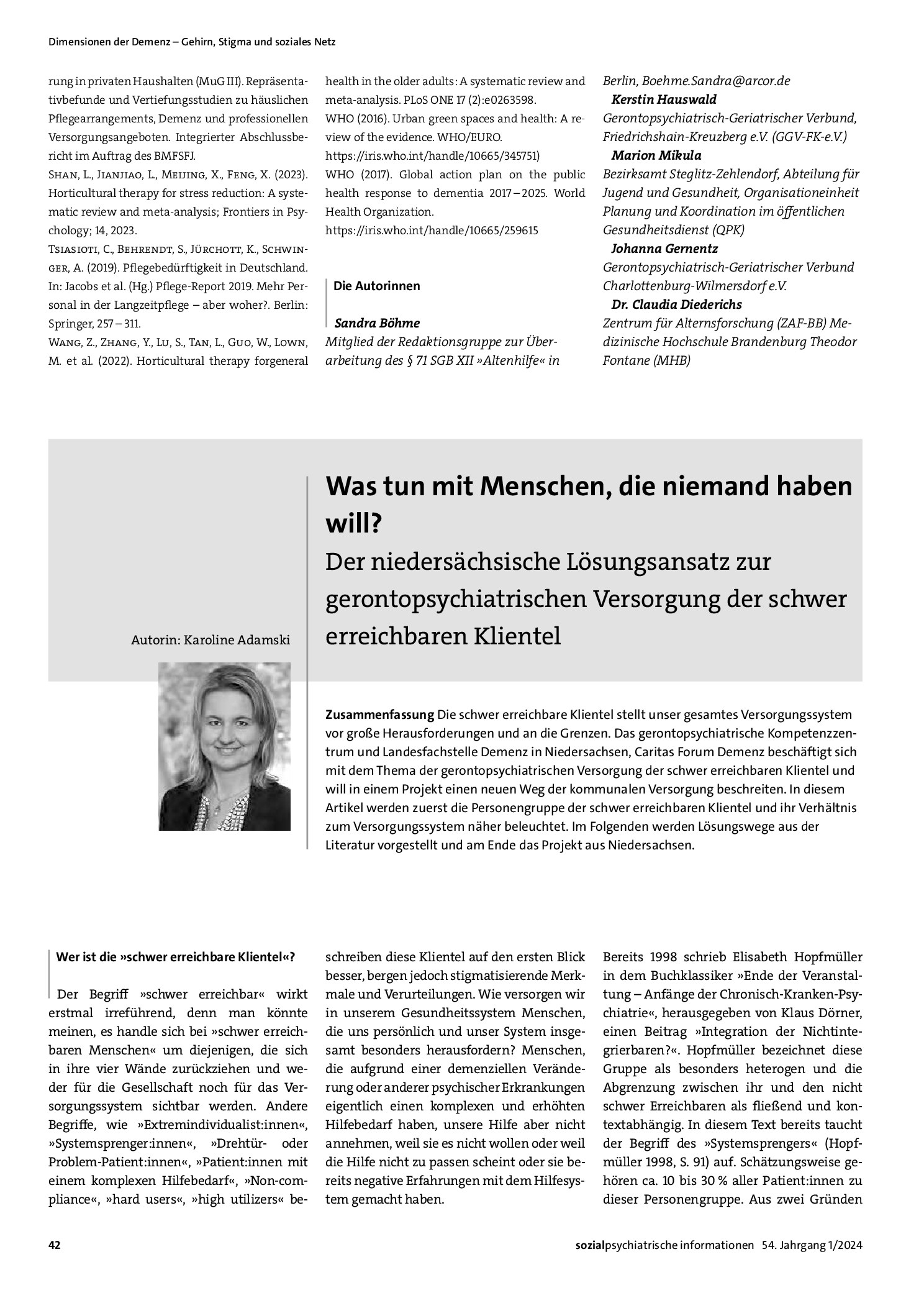 Vorschauseite 1: Was tun mit Menschen, die niemand haben will? Der niedersächsische Lösungsansatz zur gerontopsychiatrischen Versorgung der schwer erreichbaren Klientel