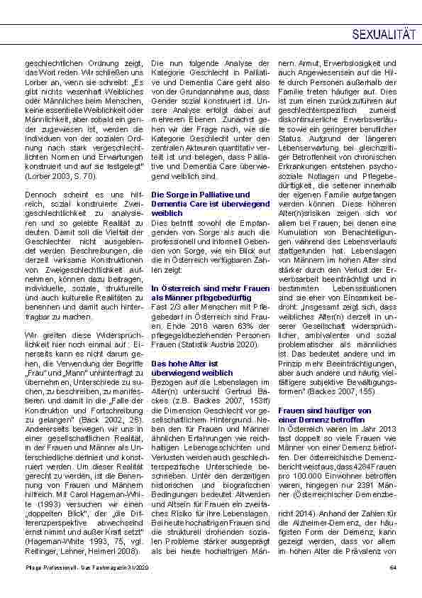 Vorschauseite 2: Gendersensibilität in Palliative und Demenz Care