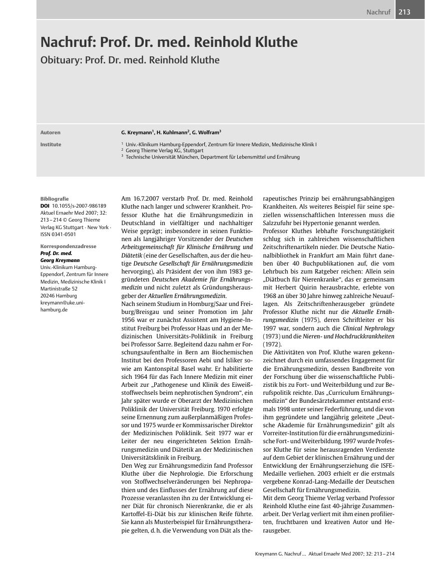 Vorschauseite 1: Nachruf: Prof. Dr. med. Reinhold Kluthe