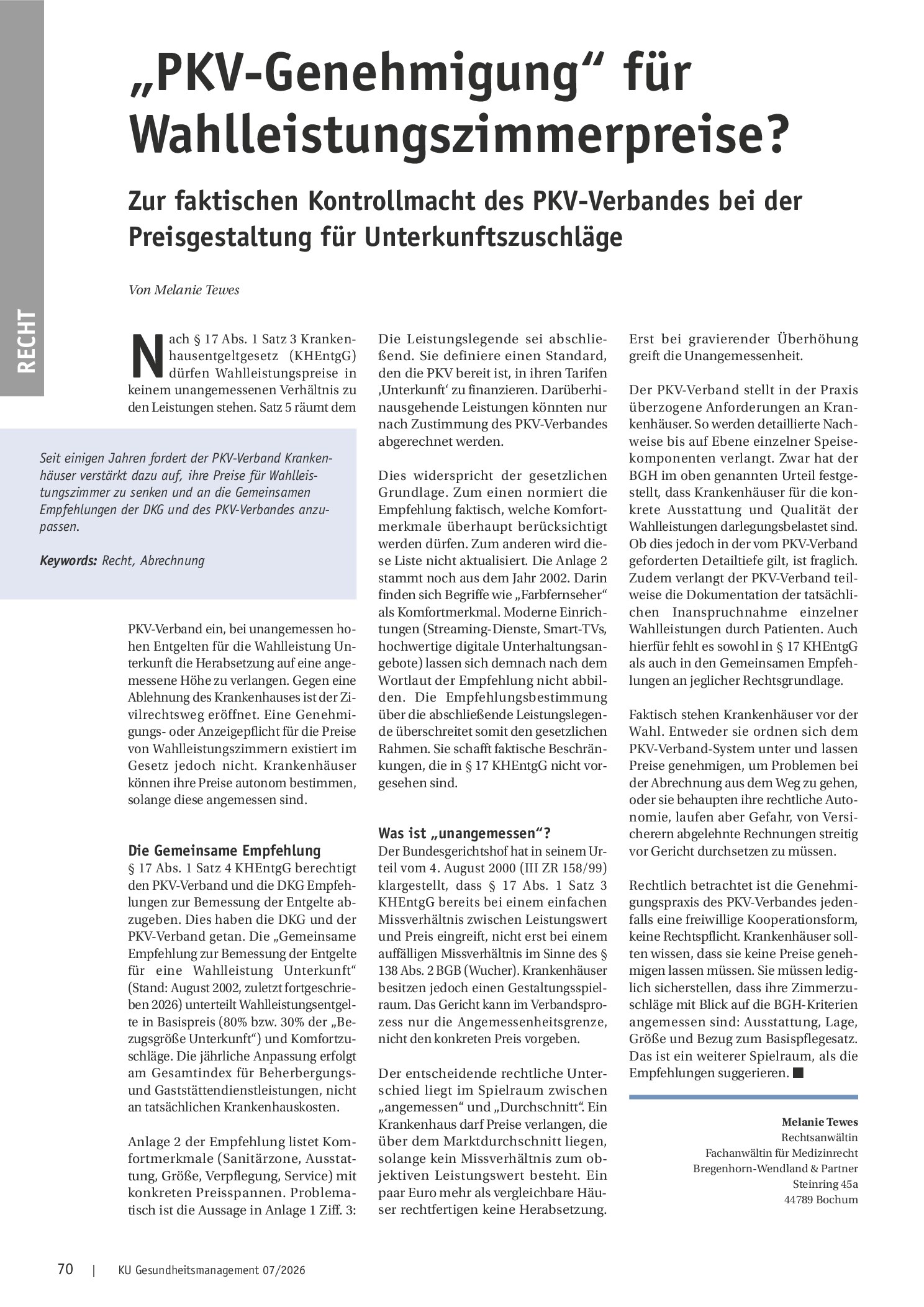 Vorschauseite 1: „PKV-Genehmigung“ für Wahlleistungszimmerpreise? Zur faktischen Kontrollmacht des PKV-Verbandes bei der Preisgestaltung für Unterkunftszuschläge