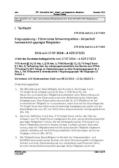 Vorschauseite 1: I. Tarifrecht Eingruppierung – Führer eines Schwimmgreifers – körperlich/handwerklich geprägte Tätigkeiten