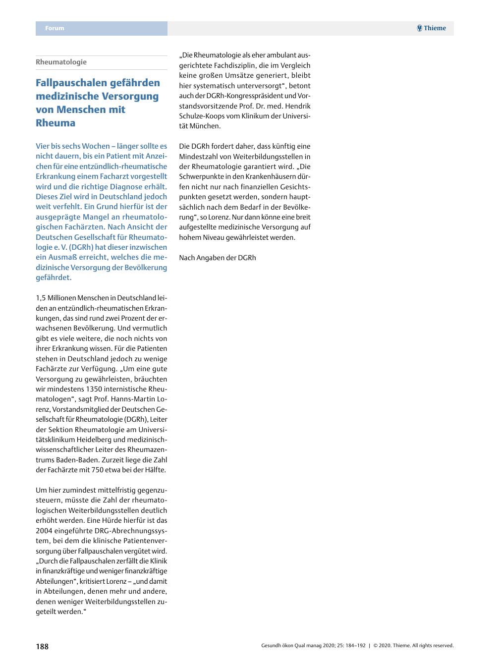 Vorschauseite 1: Rheumatologie – Fallpauschalen gefährden medizinische Versorgung von Menschen mit Rheuma