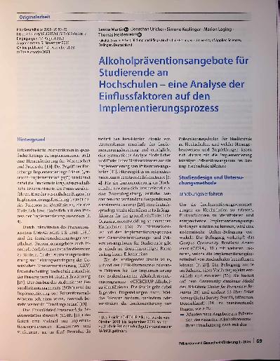 Vorschauseite 1: Alkoholpräventionsangebote für Studierende an Hochschulen - eine Analyse der Einflussfaktoren auf den Implementierungsprozess