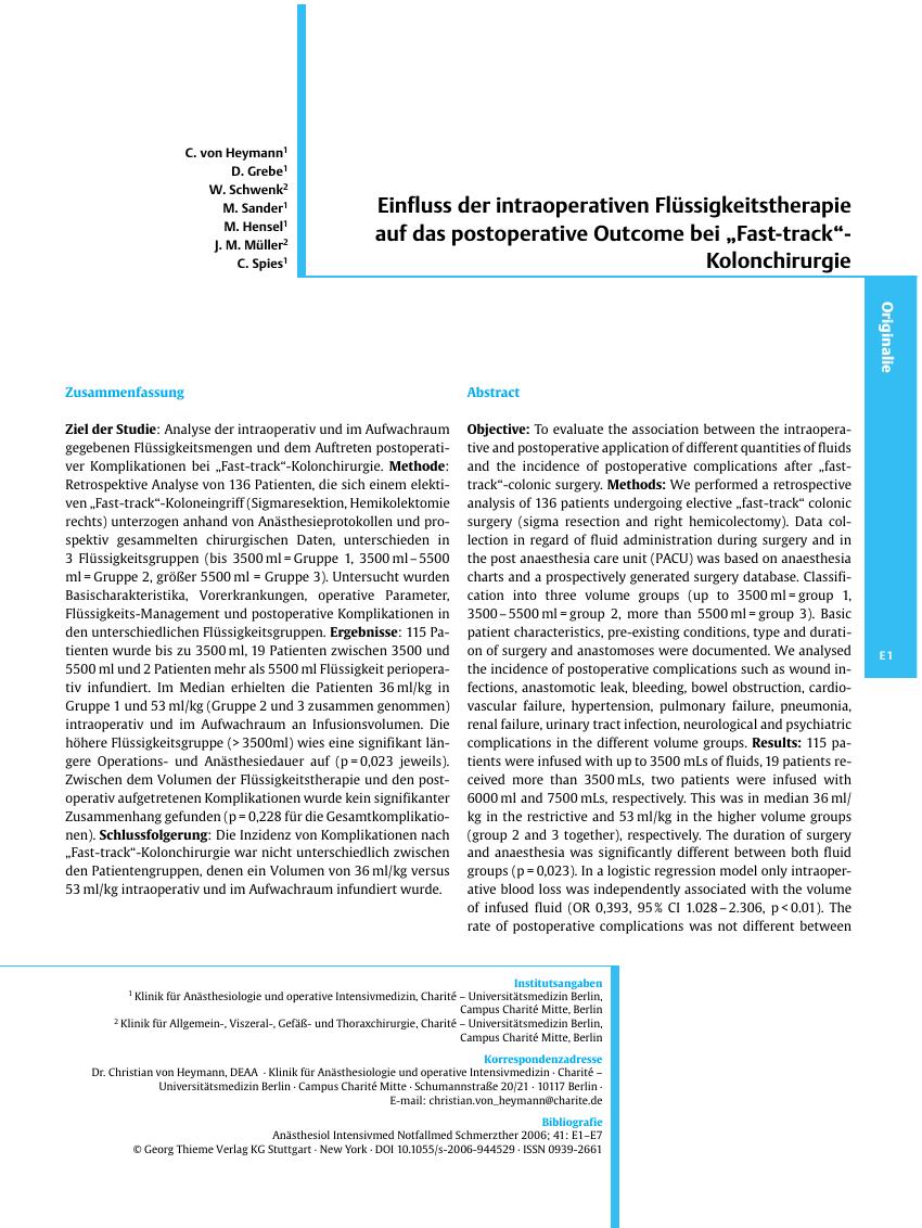 Vorschauseite 1: Einfluss der intraoperativen Flüssigkeitstherapie auf das postoperative Outcome bei „Fast-track”-Kolonchirurgie