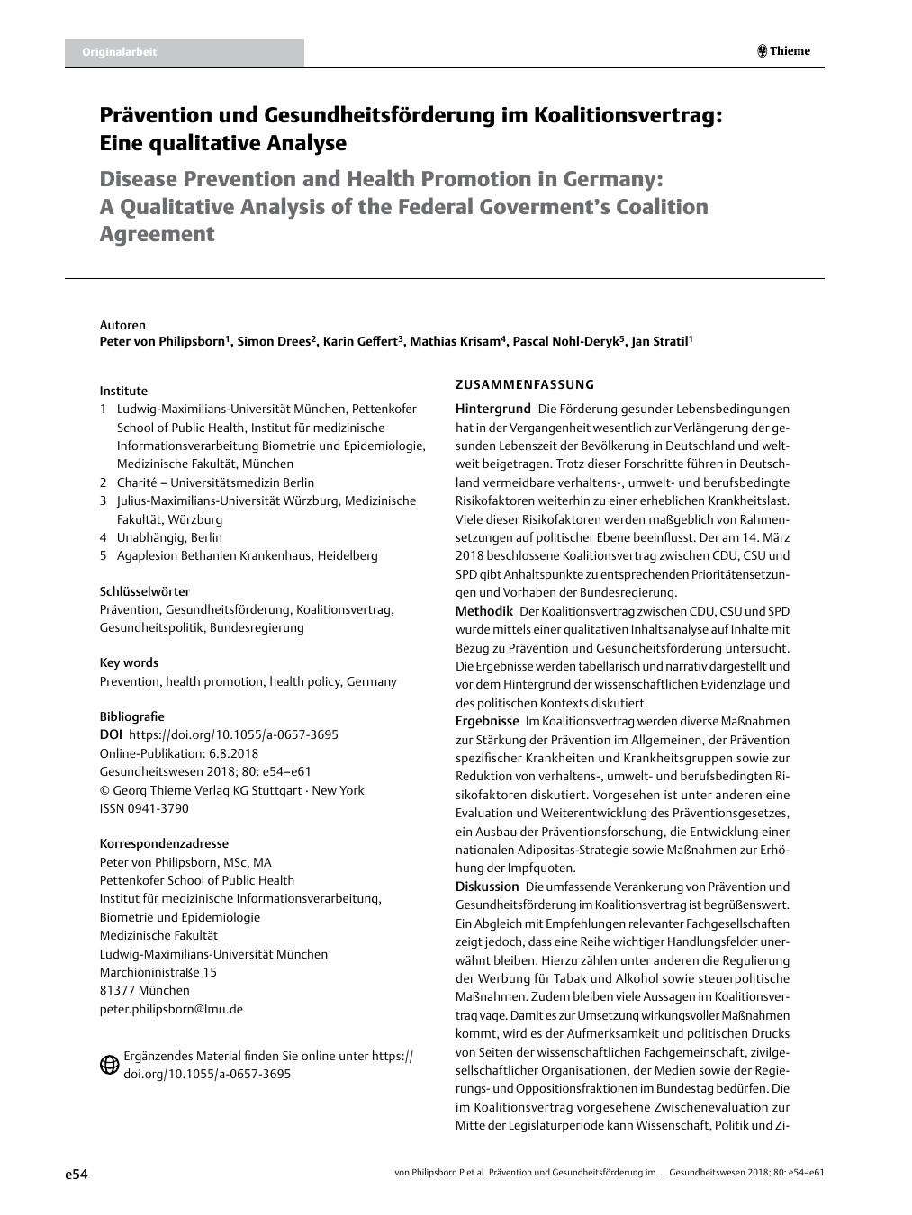 Vorschauseite 1: Prävention und Gesundheitsförderung im Koalitionsvertrag: Eine qualitative Analyse