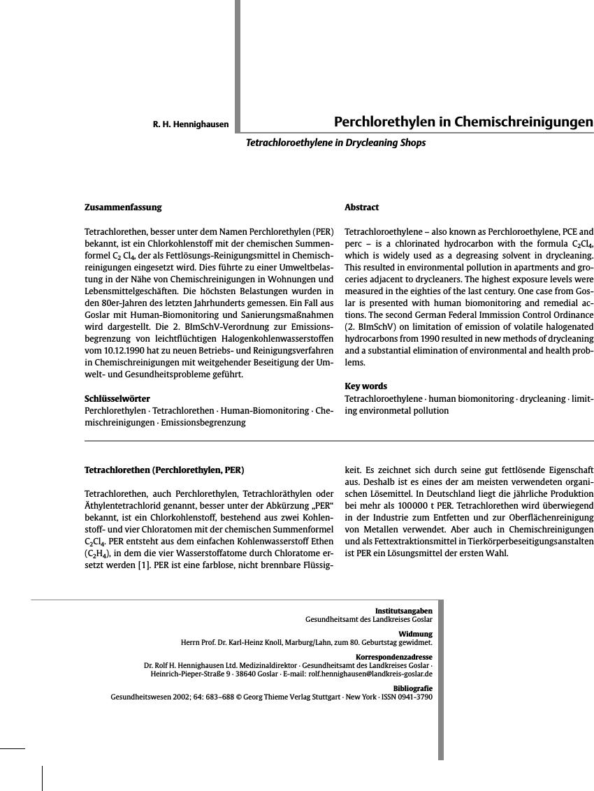 Vorschauseite 1: Perchlorethylen in Chemischreinigungen