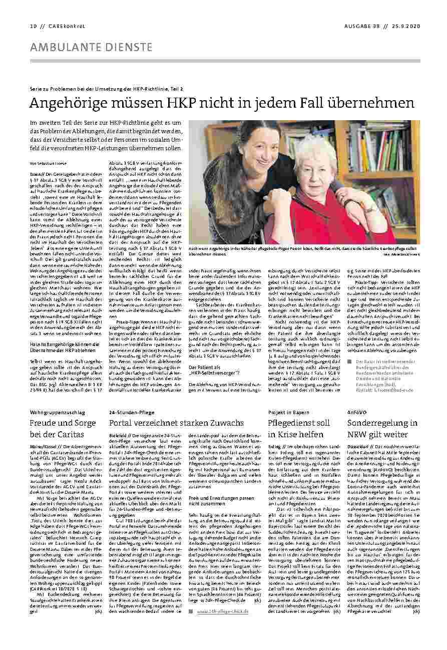 Vorschauseite 1: Serie zu Problemen bei der Umsetzung der HKP-Richtlinie, Teil 2: Angehörige müssen HKP nicht in jedem Fall übernehmen