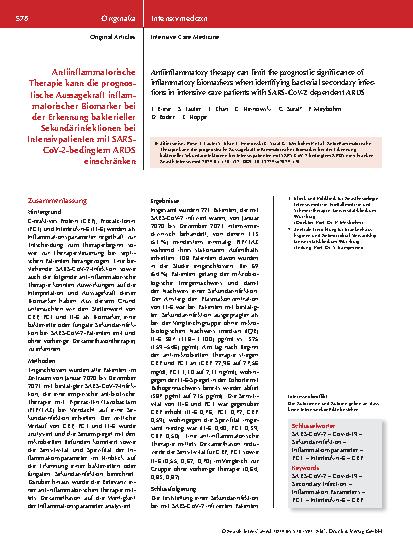 Vorschauseite 1: Antientzündliche Therapie kann die prognostische Aussagekraft entzündlicher Biomarker bei der Erkennung bakterieller Sekundärinfektionen bei Intensivpatienten mit SARS-CoV-2-bedin…