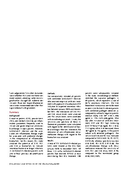 Vorschauseite 2: Antientzündliche Therapie kann die prognostische Aussagekraft entzündlicher Biomarker bei der Erkennung bakterieller Sekundärinfektionen bei Intensivpatienten mit SARS-CoV-2-bedin…