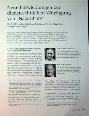 Vorschauseite 1: Neue Entwicklungen zur dienstrechtlichen Würdigung von „Nazi-Chats