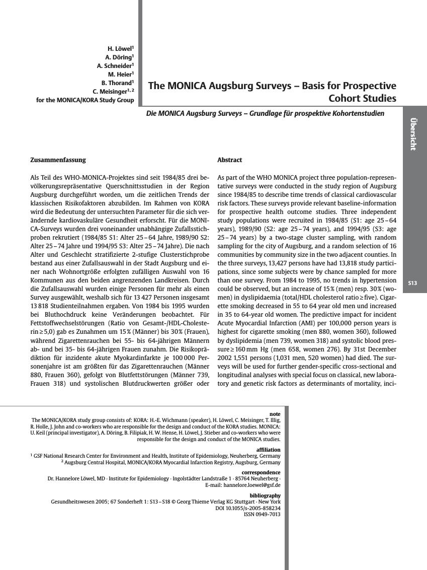 Vorschauseite 1: The MONICA Augsburg Surveys - Basis for Prospective Cohort Studies