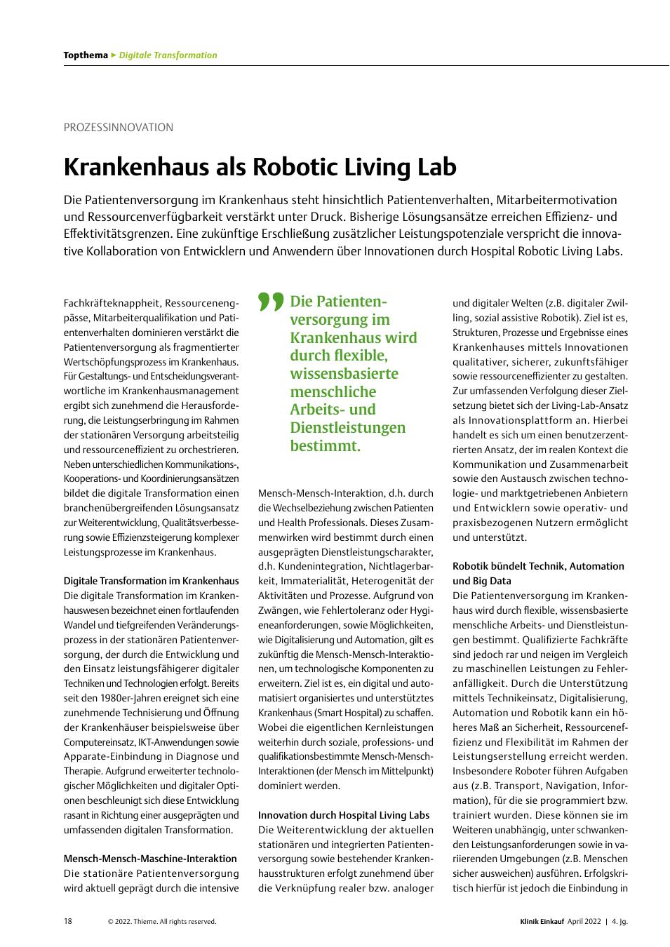 Vorschauseite 1: Prozessinnovation: Krankenhaus als Robotic Living Lab